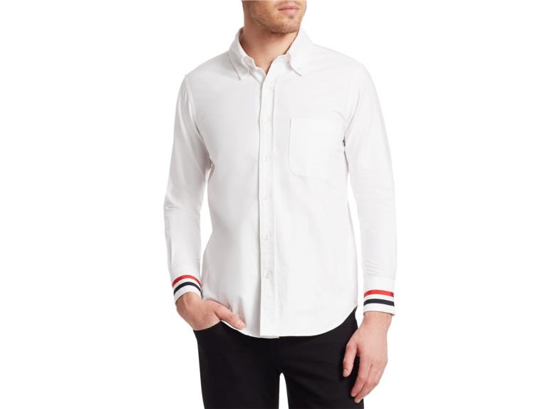 Thom Browne Striped Grosgrain Cuff Point Collar Shirt