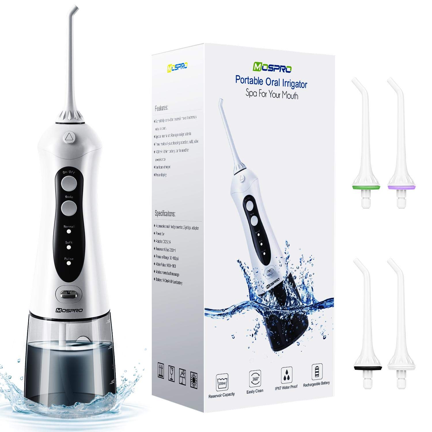 Water Flosser Professional Cordless Dental Oral Irrigator - 300ML Portable and Rechargeable IPX7 Waterproof Water Flosser for Home and Travel, Braces & Bridges Care, 3 Modes Water Sprays for Teeth