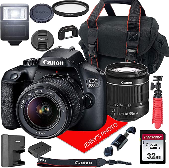 Canon EOS 4000D DSLR Camera w/Canon EF-S 18-55mm F/3.5-5.6 III Zoom Lens + Case + 32GB SD Card (15pc Bundle)