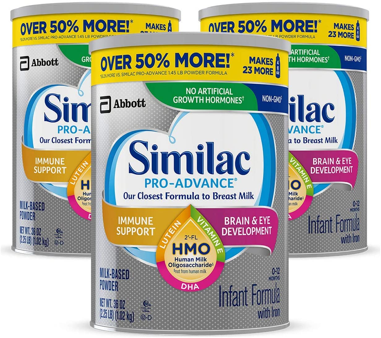 Similac Pro-Advance Non-GMO Infant Formula with Iron, with 2’-FL HMO, for Immune Support, Baby Formula, Powder, 36 Oz, Pack of 3